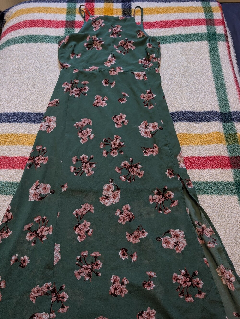 Green Floral Slip Dress with Pink Blossoms